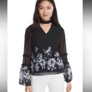 WHBM Fairy Goth Y2K Women's Floral Bell Sleeve Choker Blouse Sheer Size 8